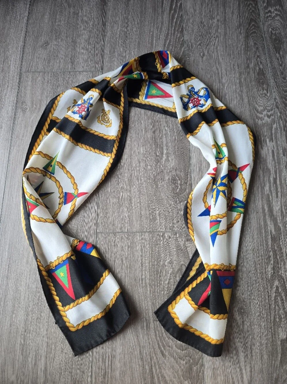 Vintage Nautical Scarf Long Black Gold Anchor Compass Rope Signal Flag Print